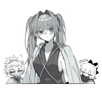 1boy 2girls black_bow black_kimono black_scarf blush bow closed_eyes facial_scar fate/grand_order fate_(series) forked_eyebrows genderswap genderswap_(mtf) greyscale hair_bow hair_intakes haori haori_on_shoulders harada_sanosuke_(fate) harada_sanosuke_(teal_haori_and_hakama)_(fate) high_ponytail highres japanese_clothes kimono medium_sideburns monochrome multiple_girls nagakura_shinpachi_(fate) nagakura_shinpachi_(third_ascension)_(fate) okita_souji_(fate) okita_souji_(third_ascension)_(fate) ponytail scar scar_on_cheek scar_on_face scarf shinsengumi_(fate) simano_858 simple_background sleeveless sleeveless_kimono translated twintails white_background