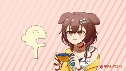 1girl 1other :3 animal_collar animal_ears animated annoyed bone_hair_ornament braid breasts brown_eyes brown_hair cleavage collar controller dog_ears dog_girl empty_eyes face_punch flash_step game_controller hair_ornament hololive hoso-inu in_the_face inugami_korone inugami_korone_(1st_costume) jacket listener_(inugami_korone) medium_breasts nyaring943 punching shaded_face smile striped_background twin_braids twitter_username video virtual_youtuber yellow_jacket