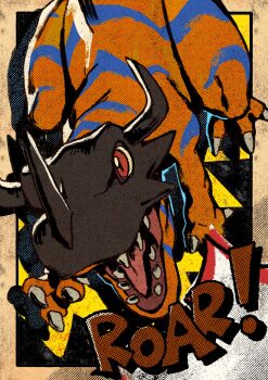 bly_mead border digimon digimon_(creature) dinosaur greymon halftone helmet highres horns no_humans orange_scales red_eyes solo