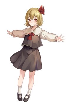 1girl ascot black_shoes black_skirt blonde_hair blush full_body hair_ribbon highres koizumo long_sleeves looking_at_viewer red_ascot red_eyes red_ribbon ribbon rumia shirt shoes short_hair skirt socks solo standing t-pose touhou white_background white_shirt white_socks