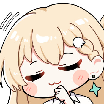 1girl :3 blonde_hair closed_eyes closed_mouth commentary earrings facing_viewer hair_ornament hand_up highres jewelry long_hair lynae_(wuthering_waves) nodding portrait simple_background skull_hair_ornament solo star_(symbol) star_earrings sticker_(medium) twomoon white_background wuthering_waves