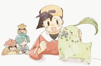 2boys :d asuka_rkgk backwards_hat black_hair blush chikorita clenched_hand ethan_(pokemon) falkner_(pokemon) gen_1_pokemon gen_2_pokemon hat jacket male_focus mouth_hold multiple_boys nintendo open_mouth pidgeotto pidgey pokemon pokemon_(creature) pokemon_gsc red_jacket shirt short_hair smile tearing_up zephyr_badge
