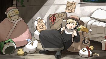 2girls :d baby_animal backpack bag bed bird black_footwear blonde_hair bone brown_hat chicken closed_eyes clumsy_nun_(diva) commentary diva_(hyxpk) duck duckling english_commentary gift habit hat highres little_nuns_(diva) multiple_girls nun open_mouth pillow pink_hat slice_of_life smile spicy_nun_(diva) traditional_nun v-shaped_eyebrows