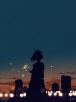 1girl blurry bokeh building commentary depth_of_field dusk english_commentary fireworks floating_hair gradient_sky green_sky highres holding holding_fireworks huashijw negative_space original scenery short_hair signature silhouette sky sky_focus skyline skyscraper solo sparkler standing