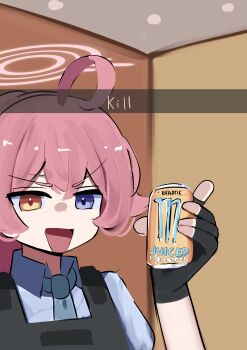 1girl :d absurdres ahoge black_gloves blue_archive blue_eyes blue_necktie bulletproof_vest can collared_shirt commentary drink drink_can english_commentary english_text fingerless_gloves gloves hair_between_eyes hair_ears hair_intakes halo hand_up heterochromia highres holding holding_drink hoshino_(armed)_(blue_archive) hoshino_(blue_archive) indoors iog626 long_hair meme monster_energy necktie open_mouth pink_hair ponytail shirt short_sleeves smile snapchat_kill_guy_(meme) v-shaped_eyebrows white_shirt yellow_eyes