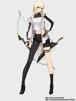 Rule 34 | 1girl, ankle boots, ankle strap, anklet, arrow (projectile), asymmetrical clothes, bare shoulders, blonde hair, boots, bow (weapon), commentary, earrings, elf, female focus, full body, green eyes, grey background, hair ribbon, hand on own hip, high heel boots, high heels, highres, jacket, jewelry, lace-up boots, long hair, looking at viewer, midriff, nail polish, navel, off shoulder, original, parted lips, pointy ears, quiver, ribbon, rikui (rella2930), single pantsleg, solo, thigh strap, weapon