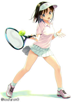 1girl :d ball black_hair blue_eyes collared_shirt commentary_request full_body hat head_tilt holding koutaro motion_blur open_mouth original pink_shirt pink_shoes pleated_skirt racket shirt shoes short_sleeves simple_background skirt smile socks solo sportswear standing tennis_ball tennis_racket tennis_uniform twitter_username visor_cap white_background white_hat white_skirt
