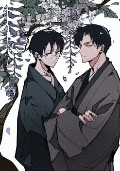 2boys black_hair blue_eyes blue_kimono c138300 cowboy_shot crossed_arms doumeki_shizuka film_grain flower frown glasses grey_kimono highres japanese_clothes kimono leaf looking_at_viewer male_focus multiple_boys purple_flower sanpaku short_hair simple_background tree watanuki_kimihiro white_background xxxholic yukata