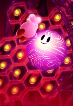 colored_skin commentary_request futemochi heart holding holding_heart indoors kirby kirby_(series) kirby_star_allies looking_at_another nintendo no_humans pink_skin purple_skin smile solid_oval_eyes void_termina void_termina_(final_core)