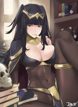 1girl black_bodysuit black_hair black_nails blunt_bangs bodystocking bodysuit book book_stack bookshelf breast_press breasts bridal_gauntlets brown_eyes cape fire_emblem fire_emblem_awakening highres indoors j@ck jewelry large_breasts long_hair looking_to_the_side nail_polish nintendo see-through_clothes sitting skin_tight skull spread_legs tharja_(fire_emblem) thighlet tiara two_side_up underbust very_long_hair window