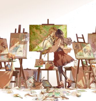 Rule 34 | 1boy, 1girl, :d, absurdres, ankle boots, art brush, beret, black gloves, black hair, black hat, black pantyhose, black shirt, blonde hair, blue vest, book, boots, box, braid, brown boots, bucket, cactus, canvas (object), cardigan, chinese commentary, closed eyes, collared shirt, curtained hair, drawing (object), easel, eyewear on head, faberge egg, facing away, flower, fold-over boots, frilled skirt, frilled sleeves, frills, full body, gloves, hat, heroine (lovebrush chronicles), highres, holding, holding paint palette, holding paintbrush, hourglass, iris (flower), jacket, jacket on shoulders, lars rorschach, lars rorschach (blue pearl), lars rorschach (deimortem era), lars rorschach (eden), lars rorschach (everyone loves flamingo), lars rorschach (godheim), lars rorschach (infinite empire), lars rorschach (surprise customization), light particles, long hair, long sleeves, looking at object, lovebrush chronicles, medium skirt, multiple persona, necktie, nil lars, open book, open cardigan, open clothes, open mouth, paint palette, paint tube, paintbrush, painting (object), palms together, pantyhose, paper, parted bangs, plant, pleated skirt, portrait, portrait (object), potted plant, red skirt, shirt, short hair, side braid, simple background, skirt, smile, sol lars, solo, standing, sunglasses, table, tablecloth, too many, tulip, vase, vest, white background, white cardigan, white jacket, yellow flower, yellow necktie, yellow tulip, z6