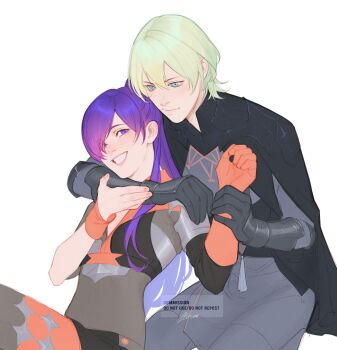 1boy 1girl black_cape black_gloves breasts cape cleavage closed_mouth commission elbow_gloves female_shez_(fire_emblem) fire_emblem fire_emblem:_three_houses fire_emblem_warriors:_three_hopes gauntlets gloves green_eyes green_hair grin hair_between_eyes hair_over_one_eye hetero highres holding_another&#039;s_wrist long_hair looking_at_viewer male_byleth_(awakened)_(fire_emblem) male_byleth_(fire_emblem) male_focus medium_breasts nintendo official_alternate_eye_color official_alternate_hair_color purple_hair shironosora short_hair simple_background smile watermark white_background