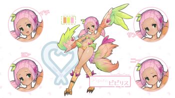 Rule 34 | 1girl, absurdres, armpits, bare shoulders, bird legs, bird tail, breasts, brown feathers, character name, color guide, commentary request, dark skin, digitigrade, english text, feather hair ornament, feathered wings, feathers, full body, green eyes, green feathers, hair ornament, harpy, highres, leaf hair ornament, logo, looking at viewer, medium hair, monster girl, multiple expressions, navel, one eye closed, open mouth, organic bra, original, pink feathers, pink hair, shitoi (aqua1487), sidelocks, simple background, small breasts, smile, solo, tail, talons, tearing up, thick thighs, thighs, translation request, twintails, two-tone wings, underboob, white background, winged arms, wings