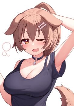 1girl ;d animal_ears arm_up black_choker black_shirt blush bone_hair_ornament breasts brown_eyes brown_hair bunching_hair choker cleavage deaver dog_ears dog_tail fang hair_between_eyes hair_ornament highres holding holding_own_hair hololive inugami_korone inugami_korone_(roomwear) large_breasts long_hair looking_at_viewer one_eye_closed open_mouth ponytail shirt short_sleeves simple_background skin_fang smile solo tail upper_body virtual_youtuber white_background