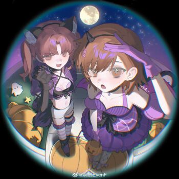 2girls animal_ears animal_hands breasts brown_eyes brown_hair claw_pose dress evenf fake_animal_ears full_moon gloves halloween halloween_bucket halloween_costume long_hair looking_at_viewer misaka_mikoto moon multiple_girls open_mouth paw_gloves pov_peephole purple_dress purple_gloves shirai_kuroko small_breasts toaru_kagaku_no_railgun toaru_majutsu_no_index twintails wolf_ears