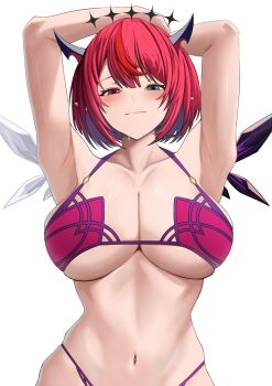 absurdres armpits arms_behind_head arms_up asymmetrical_wings bikini black_horns blue_eyes bob_cut breasts cleavage closed_mouth commentary cosplay crystal_wings fate/grand_order fate_(series) halo halterneck heterochromia highres hololive hololive_english horns irys_(hololive) large_breasts looking_at_viewer navel pointy_ears purple_bikini red_hair scathach_(fate) scathach_(fate)_(cosplay) scathach_(fate/grand_order) scathach_(swimsuit_assassin)_(fate) short_hair si_farid simple_background smile star-shaped_pupils star_(symbol) star_halo stomach straight-on swimsuit symbol-shaped_pupils virtual_youtuber white_background wings