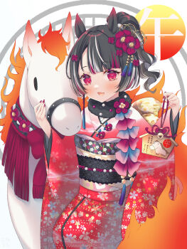 1girl :d animal animal_ears bell black_hair blush chinese_zodiac commentary_request ema fire floral_print flower hair_flower hair_ornament highres holding horse_ears japanese_clothes jingle_bell kimono ko_yu long_sleeves multicolored_hair nail_polish obi open_mouth original ponytail print_kimono purple_flower purple_hair purple_nails red_eyes red_hair red_kimono sash smile solo streaked_hair white_hair wide_sleeves year_of_the_horse
