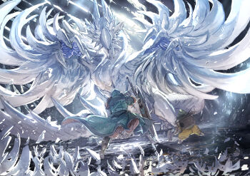 Rule 34 | 1other, absurdres, armor, back, backpack, bag, boots, commentary, dragon, dutch angle, felyne, gauntlets, greatsword, highres, holding, holding sword, holding weapon, hood, hooded jacket, hope (armor), hope (palico armor), jacket, monster, monster hunter (character), monster hunter (series), monster hunter wilds, no eyes, planted, planted sword, planted weapon, player palico, shoulder armor, size difference, sword, touro, weapon, winged arms, wings, zoh shia