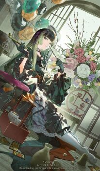 1girl artist_name balloon black_eyes black_hair blonde_hair blunt_bangs bouquet breasts choker choko_(cup) cup dated dice dress english_text flower gloves green_gloves hanafuda hand_fan highres holding holding_fan holding_smoking_pipe hololive hololive_dev_is juufuutei_raden kazeto long_hair looking_at_viewer mask mask_on_head multicolored_hair pantyhose sitting small_breasts smile smoking_pipe solo tatami tokkuri two-tone_hair vase virtual_youtuber white_pantyhose