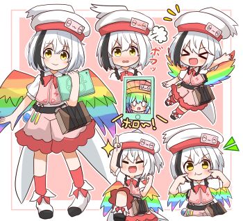 &gt;_&lt; 1girl :d :t arm_up black_hair blush border bow bowtie closed_eyes closed_mouth collared_shirt commentary_request coruthi frilled_shirt_collar frills full_body hat highres holding holding_tablet_pc hollow_song_of_birds index_finger_raised looking_at_viewer multicolored_hair notice_lines open_mouth outline outside_border outstretched_arm pink_background pink_shorts pink_vest rainbow_wings red_bow red_bowtie red_socks shirt shoes short_hair shorts simple_background smile socks sparkle standing tablet_pc test_tube torisumi_horou touhou two-tone_hair v-shaped_eyebrows vest white_border white_hair white_hat white_outline white_shoes xd yellow_eyes