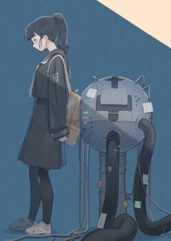 1girl absurdres backpack bag black_hair black_pantyhose black_serafuku black_skirt blue_background blunt_bangs cable from_side full_body high_ponytail highres looking_down machine norikoi original pantyhose pleated_skirt ponytail profile school_uniform serafuku shoes simple_background skirt sneakers solo standing sticky_note