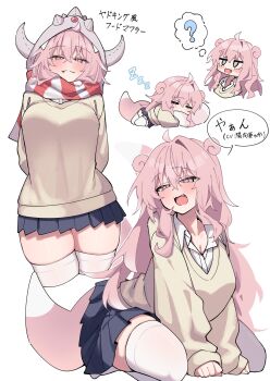 1girl :d ahoge black_skirt blush borrowed_design breasts cleavage commentary_request fang gen_1_pokemon gen_2_pokemon green_eyes gyaru gyaru_slowpoke_(shin_no_tenpii) highres large_breasts long_hair miniskirt multiple_views narrowed_eyes nintendo open_mouth personification pink_hair pleated_skirt pokemon pokemon_pokopia red_scarf scarf single_hair_intake sitting skirt slowking slowpoke smile sweater tail thighhighs translation_request very_long_hair warabi_mochi_(w4rabimochi) white_thighhighs yellow_sweater zettai_ryouiki