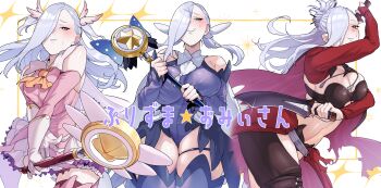 1girl absurdres ascot bare_shoulders blue_lips blush boots breasts bridal_gauntlets cape chloe_von_einzbern chloe_von_einzbern_(archer_install) chloe_von_einzbern_(archer_install)_(cosplay) cleavage commentary_request cosplay detached_sleeves dress elbow_gloves eyeliner fate/grand_order fate/kaleid_liner_prisma_illya fate_(series) feather_hair_ornament feathers gloves hair_bun hair_ornament hair_over_one_eye hairclip hairpin half_updo highres hiyayaako illyasviel_von_einzbern kaleidostick kanshou_&amp;_bakuya_(fate) large_breasts layered_gloves leotard long_hair long_sleeves looking_at_viewer magical_ruby magical_sapphire makeup miyu_edelfelt miyu_edelfelt_(magical_girl) miyu_edelfelt_(magical_girl)_(cosplay) mrs._snake_(fate) multiple_views navel pink_dress pink_gloves prisma_illya prisma_illya_(cosplay) purple_leotard purple_sleeves purple_thighhighs red_cape red_shrug revision showgirl_skirt shrug_(clothing) sidelocks skirt smile sword thigh_boots thighhighs thighs translation_request twintails two_side_up wand weapon white_cape white_gloves white_hair white_skirt yellow_eyes