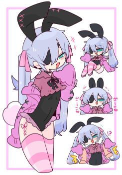 !? +++ 1boy ^^^ animal_ear_hairband animal_ears arched_back black_choker black_hairband black_leotard black_ribbon blue_eyes blue_hair blush bow cardigan choker collared_shirt colored_tips commentary covered_navel cowboy_shot cropped_shirt crossdressing crossdressing_(mtf) disembodied_hand double-parted_bangs earclip eyepatch fake_animal_ears fake_tail fang flipped_hair frilled_shirt_collar frills full_body hair_between_eyes hair_bow hairband hand_up hands_up highleg highleg_leotard highres holding_another&#039;s_wrist knees_up leaning_forward leotard long_hair long_sleeves looking_at_viewer male_focus multicolored_hair multiple_views narrowed_eyes neck_ribbon no_nose off_shoulder one_eye_covered op_na_yarou open_cardigan open_clothes open_mouth original pink_bow pink_shirt pink_thighhighs quad_tails rabbit_ear_hairband rabbit_ears rabbit_tail red_hair ribbon rigel_(op_na_yarou) shirt sidelocks simple_background sitting skin_fang sleeves_past_fingers sleeves_past_wrists standing straight_hair striped_clothes striped_thighhighs surprised sweatdrop tail thighhighs thighs trap upper_body very_long_hair watermark white_background white_hair