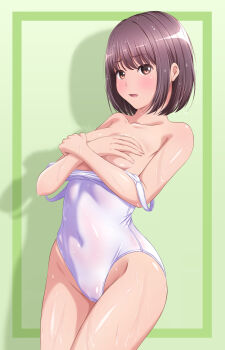 1girl akippoi_0919 blush breasts brown_eyes brown_hair clothes_pull covered_navel covering_breasts covering_privates cowboy_shot crossed_arms green_background highres new_school_swimsuit nose_blush one-piece_swimsuit one-piece_swimsuit_pull original school_swimsuit short_hair small_breasts solo standing swimsuit wet wet_clothes wet_swimsuit white_one-piece_swimsuit