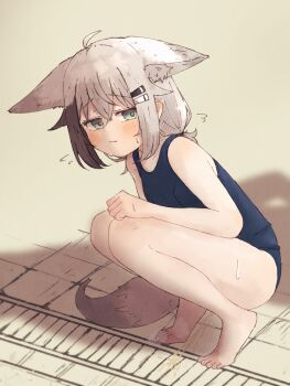 1girl ahoge animal_ears barefoot blue_one-piece_swimsuit blush hair_ornament hairclip highres kuon_(meguru_1225) meguru_1225 one-piece_swimsuit original pee peeing school_swimsuit solo squatting swimsuit tail
