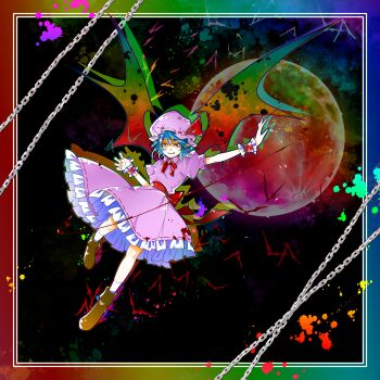 Rule 34 | 1girl, absurdres, back bow, bat (animal), bat wings, blue hair, boots, border, bow, bowtie, brown boots, chain, commentary, frilled skirt, frills, full body, full moon, hat, hat ribbon, highres, looking at viewer, medium hair, mob cap, moon, pink hat, pink shirt, pink skirt, puffy short sleeves, puffy sleeves, red bow, red bowtie, red eyes, red moon, remilia scarlet, ribbon, ribbon-trimmed skirt, ribbon trim, shirt, short sleeves, skirt, skirt set, smile, socks, solo, touhou, white socks, wings, wrist cuffs, yuya (euky8335)