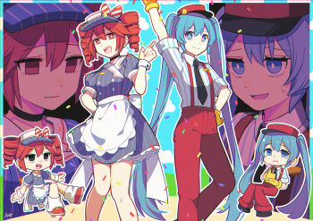 2girls apron aqua_eyes aqua_hair arm_up black_eyes black_necktie blue_dress bow chibi chibi_inset closed_mouth collared_shirt commentary confetti cosplay costume_switch crazy dress drill_hair feet_out_of_frame gloves hair_between_eyes hand_up hatsune_miku highres index_finger_raised kasane_teto long_hair mesmerizer_(vocaloid) multiple_girls necktie open_mouth outline pants personality_switch pinstripe_dress pinstripe_hat pinstripe_pattern puffy_short_sleeves puffy_sleeves red_eyes red_hair red_pants red_suspenders sato_(r017xts117) sharp_teeth shirt short_hair short_sleeves signature smile sparkling_eyes standing striped_clothes striped_shirt synthesizer_v teeth tongue tongue_out twin_drills twintails upper_teeth_only utau very_long_hair visor_cap vocaloid white_apron white_outline white_shirt wrist_cuffs yellow_gloves