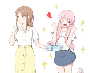 Rule 34 | > <, 2girls, anglediana, bang dream!, bang dream! it's mygo!!!!!, blue eyes, blue skirt, blush, braid, brown hair, chihaya anon, chinese commentary, closed eyes, commentary request, fang, gift, heart, highres, long hair, multiple girls, nagasaki soyo, off-shoulder shirt, off shoulder, open mouth, pink hair, shirt, short sleeves, sidelocks, simple background, skin fang, skirt, sparkle, twirling hair, white background, white shirt