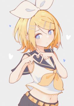 1girl absurdres arched_back bare_arms bare_shoulders blonde_hair blue_eyes bow cidre_db commentary four-finger_heart_hands grey_background hair_bow hair_ornament hairclip heart heart_hands highres kagamine_rin looking_at_viewer midriff navel neckerchief parted_lips sailor_collar shirt short_hair shorts sideways_glance sleeveless sleeveless_shirt solo swept_bangs untranslatable_commentary treble_clef vocaloid white_bow yellow_nails yellow_neckerchief