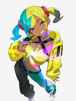 1girl aqua_hair belt blonde_hair blue_eyes breasts canari_(pokemon) cleavage contrapposto cropped_jacket from_above grin hand_up highres jacket medium_breasts multicolored_nails neaghelly_stn nintendo pants pokemon pokemon_legends:_z-a simple_background smile solo standing twintails two-tone_pants white_background yellow_jacket zipper_pull_tab