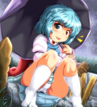 Rule 34 | 1girl, :p, blue eyes, blue hair, female focus, grass, graveyard, heterochromia, hip focus, karakasa obake, kneehighs, kneeling, matching hair/eyes, panties, pantyshot, red eyes, short hair, sitting, skirt, smile, socks, solo, sotoba, striped clothes, striped panties, tatara kogasa, teasing, tongue, tongue out, touhou, trefoil, umbrella, underwear, upskirt, white panties, white socks, wide hips, yoriyuki chiyo