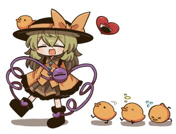 1girl animal animal_on_head baby_animal bird black_boots black_eyes black_hat blush boots buttons chick closed_eyes collared_shirt diamond_(shape) diamond_button flying_sweatdrops frilled_shirt frilled_shirt_collar frilled_skirt frilled_sleeves frills green_hair green_skirt hair_between_eyes hat hat_ornament hat_ribbon heart jaggy_lines komeiji_koishi long_hair long_sleeves motion_lines on_head open_mouth bad_tag pleated_skirt ribbon shirt simple_background skirt sleeves_past_fingers sleeves_past_wrists solo squeans sweat third_eye touhou walking white_background yellow_ribbon yellow_shirt zunusama