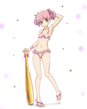 1girl baseball_bat bikini breasts commentary_request frilled_bikini frills full_body kaname_madoka kinfuji mahou_shoujo_madoka_magica pink_bikini pink_hair polka_dot polka_dot_bikini red_eyes sandals short_hair small_breasts solo standing swimsuit twintails
