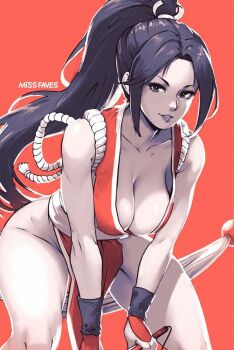 1girl artist_name bare_shoulders breasts cleavage collarbone cowboy_shot curvy fatal_fury folded_fan folding_fan forehead hand_fan high_ponytail holding holding_fan japanese_clothes leaning_forward lips looking_at_viewer miss_faves ninja parted_lips ponytail red_background red_theme revealing_clothes shiny_skin shiranui_mai smile solo the_king_of_fighters thighs wide_hips