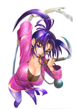 1girl absurdres arm_up blush breasts choker cleavage covered_erect_nipples fishnet_top fishnets hair_ribbon high_ponytail highres holding holding_sword holding_weapon huge_breasts japanese_clothes katana kimono kousaka_shigure kusarigama long_hair long_sleeves looking_at_viewer matsuena_shun ninja official_art ponytail purple_eyes purple_hair purple_thighhighs ribbon shijou_saikyou_no_deshi_ken'ichi short_kimono sickle simple_background solo sword thighhighs weapon white_background