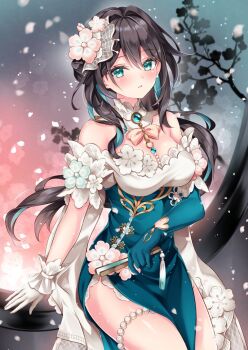 Rule 34 | 1girl, aqua eyes, asymmetrical gloves, bow, breasts, brown hair, commentary request, dress, earrings, fishnet veil, floral print, folded fan, folding fan, gem, gloves, hand fan, honkai: star rail, honkai (series), jewelry, light blush, long hair, medium breasts, mismatched gloves, multicolored hair, nogi takayoshi, off shoulder, official alternate costume, ruan mei (honkai: star rail), ruan mei (plumblossom letter) (honkai: star rail), single earring, streaked hair, thigh strap, thighs, two-tone dress, uneven gloves