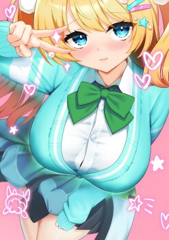 1girl :3 aqua_cardigan aqua_eyes black_skirt blonde_hair bow bowtie breasts cardigan closed_mouth clothes_around_waist flute_melville green_bow green_bowtie hair_ornament hairpin harimayuslayer heart highres jacket jacket_around_waist large_breasts long_hair looking_at_viewer muv-luv muv-luv_girls_garden pink_background pom_pom_(clothes) pom_pom_hair_ornament shirt skirt solo sparkle star_(symbol) star_hair_ornament two_side_up v v_over_eye white_shirt