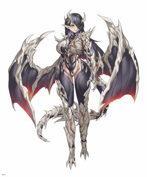 1girl absurdres arms_at_sides black_hair blue_eyes breasts claws colored_inner_hair ddknai dragon_girl dragon_horns dragon_tail dragon_wings fantasy full_body hair_over_one_eye highres horns large_breasts mole mole_under_eye multicolored_hair original pointy_ears purple_hair smile solo tail two-tone_hair white_background wings