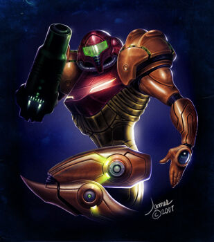 Rule 34 | 00s, 1girl, 2007, arm cannon, armor, boots, female focus, gauntlets, helmet, james whitley, metroid, nintendo, power armor, power suit, power suit (metroid), salute, samus aran, solo, varia suit, weapon