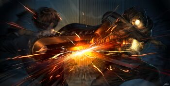 Rule 34 | 1boy, 1other, absurdres, android, arnold (project moon), black cape, cape, chainsaw, chainsword, clash, electricity, fighting, fighting stance, highres, holding, holding sword, holding weapon, hood, hood up, hooded cape, humanoid robot, library of ruina, lubban, one-eyed, outdoors, project moon, robot, rock, rubble, sparks, sword, sword clash, weapon