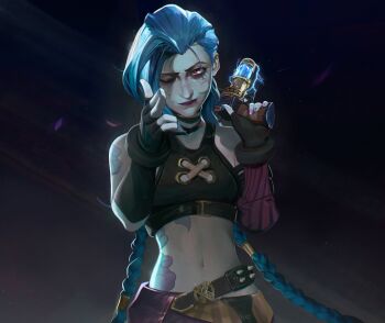 Rule 34 | 1girl, arcane: league of legends, arcane jinx, arm tattoo, black gloves, blue hair, braid, closed mouth, crop top, fingerless gloves, fingernails, gloves, gradient background, gun, highres, holding, holding gun, holding weapon, jinx (league of legends), league of legends, long hair, nail polish, navel, nervi fd, one eye closed, purple eyes, smile, solo, stomach tattoo, tattoo, twin braids, upper body, weapon