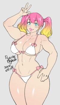 1girl abs agawa_ryou aqua_eyes arm_up artist_name bikini blonde_hair blush bow breasts collarbone commentary cowboy_shot dated english_commentary eyelashes gradient_hair grey_background hand_on_own_hip lips medium_breasts multicolored_hair muscular muscular_female navel original pink_bow pink_hair pink_lips shiny_skin signature simple_background solo stomach swimsuit twintails w white_bikini