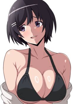 1girl absurdres bare_shoulders bikini black_bikini black_hair blush breasts cleavage collarbone hair_ornament hairclip hanekawa_tsubasa highres kakukakusan large_breasts light_blush monogatari_(series) open_mouth purple_eyes short_hair simple_background solo swimsuit teeth upper_body upper_teeth_only white_background