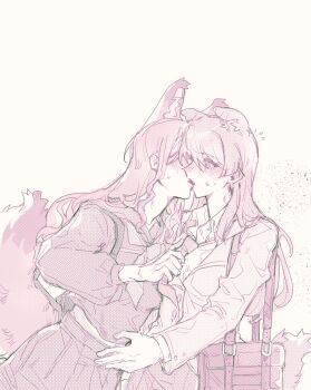 2girls animal_ears b_cat610 bag bang_dream! bang_dream!_it&#039;s_mygo!!!!! blush chihaya_anon clothes_grab collared_shirt commentary dog_ears dog_girl dog_tail fang fox_ears fox_girl fox_tail french_kiss hand_on_another&#039;s_waist haneoka_school_uniform hashtag-only_commentary hickey highres jacket kemonomimi_mode kiss monochrome multiple_girls nagasaki_soyo necktie necktie_grab neckwear_grab pleated_skirt school_bag school_uniform serafuku shirt skirt sweat tail tsukinomori_school_uniform yuri
