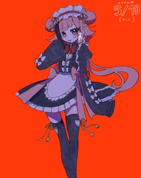 Rule 34 | 1girl, :d, apron, arm at side, black dress, black hair, black thighhighs, bow, bow apron, bowtie, breasts, cleavage, cleavage cutout, clothing cutout, commentary request, dated, diagonal bangs, double bun, dress, facial mark, feet out of frame, film grain, frilled apron, frilled dress, frilled hairband, frills, hair bun, hair ornament, hairband, hand up, heart, heart cutout, heart in eye, highres, juliet sleeves, lonepi, long hair, long sleeves, looking at viewer, low ponytail, maid, maid apron, maid day, multicolored hair, open mouth, original, pink bow, ponytail, puffy sleeves, red background, red bow, red bowtie, red eyes, red hairband, ribbon, ribbon-trimmed hairband, ribbon-trimmed thighhighs, ribbon trim, short dress, simple background, skindentation, sleeve bow, sleeves past fingers, sleeves past wrists, small breasts, smile, solo, standing, streaked hair, symbol in eye, thigh gap, thighhighs, turtleneck, turtleneck dress, two-tone hair, upturned eyes, very long hair, waist apron, white apron, white bow, x (symbol), x facial mark, x hair ornament, yellow ribbon, zettai ryouiki